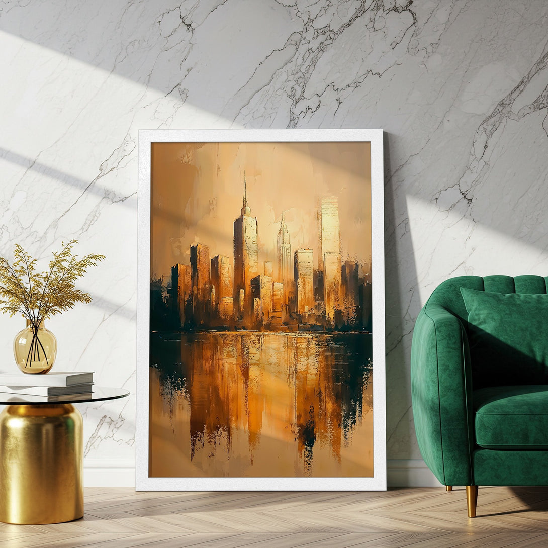 Framed Poster of a cityscape in warm gold tones. Abstract art style perfect for modern decor. Add a touch of elegance with this Poster.