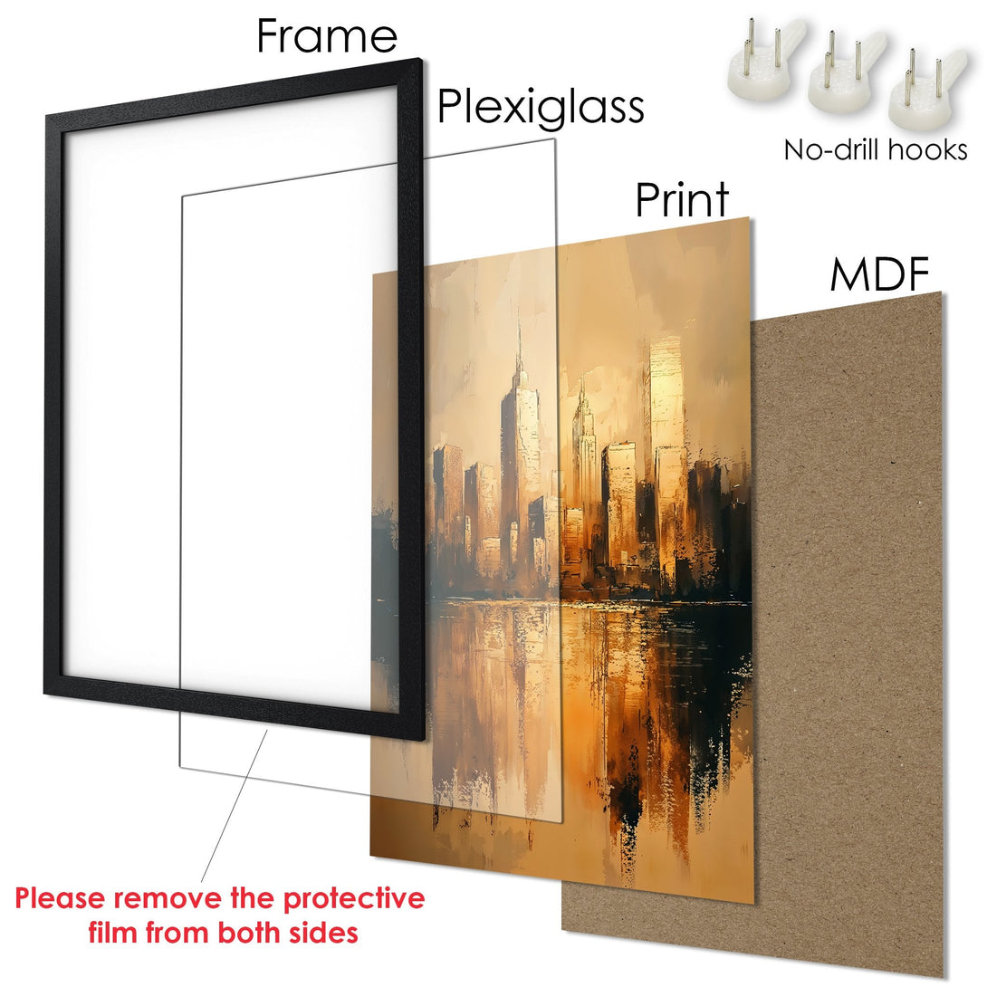 Framed Poster of a cityscape in an abstract style with warm, golden tones. Perfect wall art for your home!