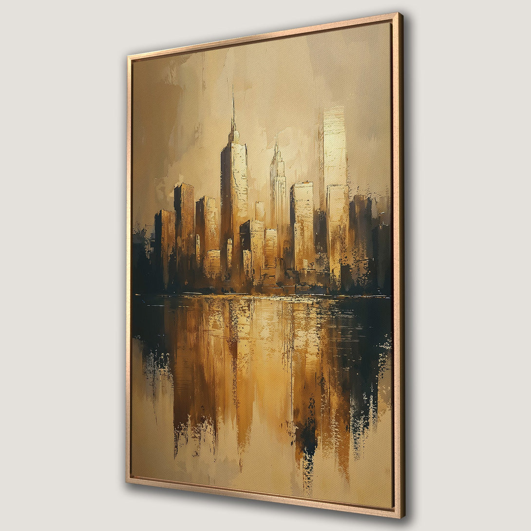 Framed Wall Art: Abstract cityscape Canvas Print in warm gold and brown tones. Modern art for your home.