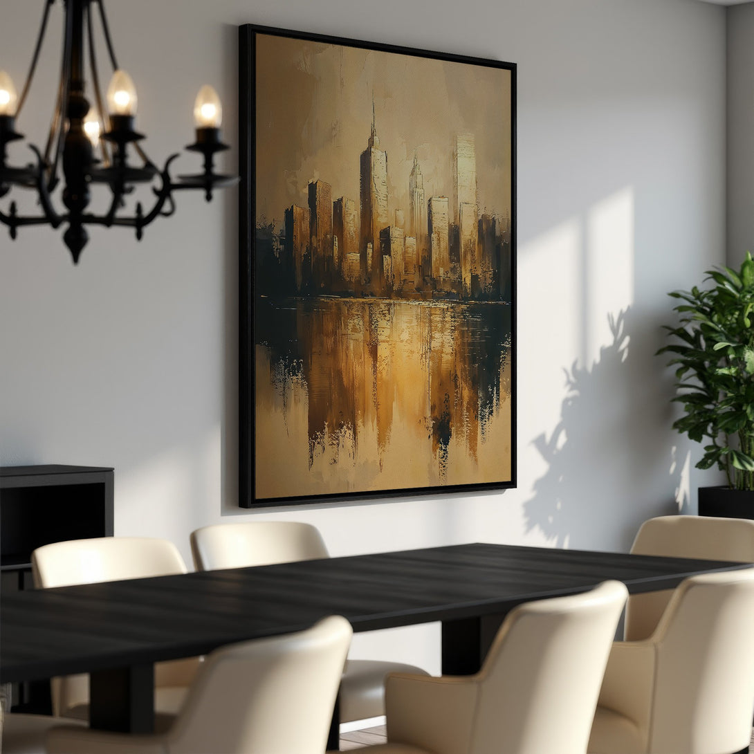 Framed Wall Art: Abstract cityscape Canvas Print in warm gold and brown tones. Modern artwork perfect for dining room decor.