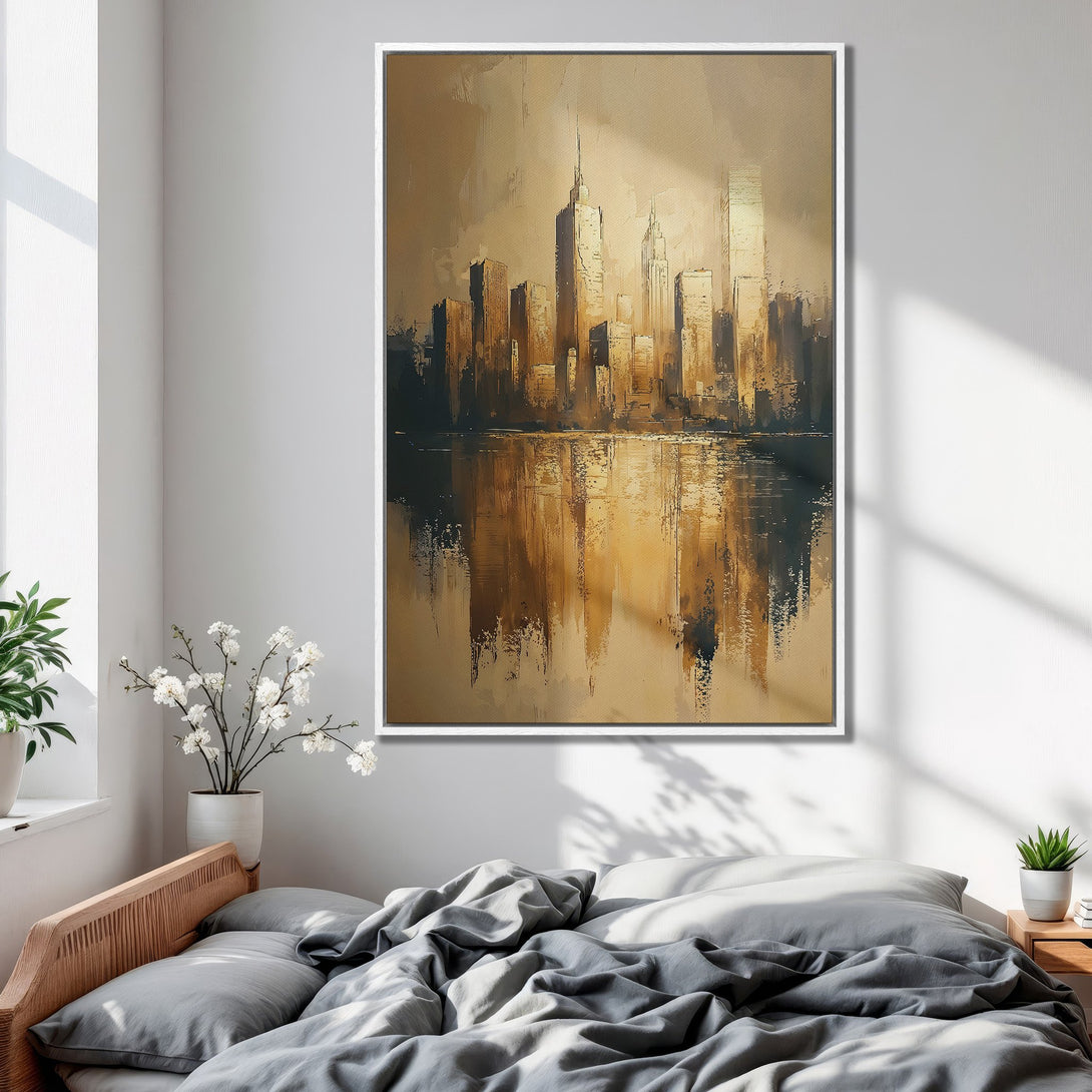 Framed Wall Art: Abstract cityscape Canvas Print in warm gold and brown tones. Modern art for bedroom decor.