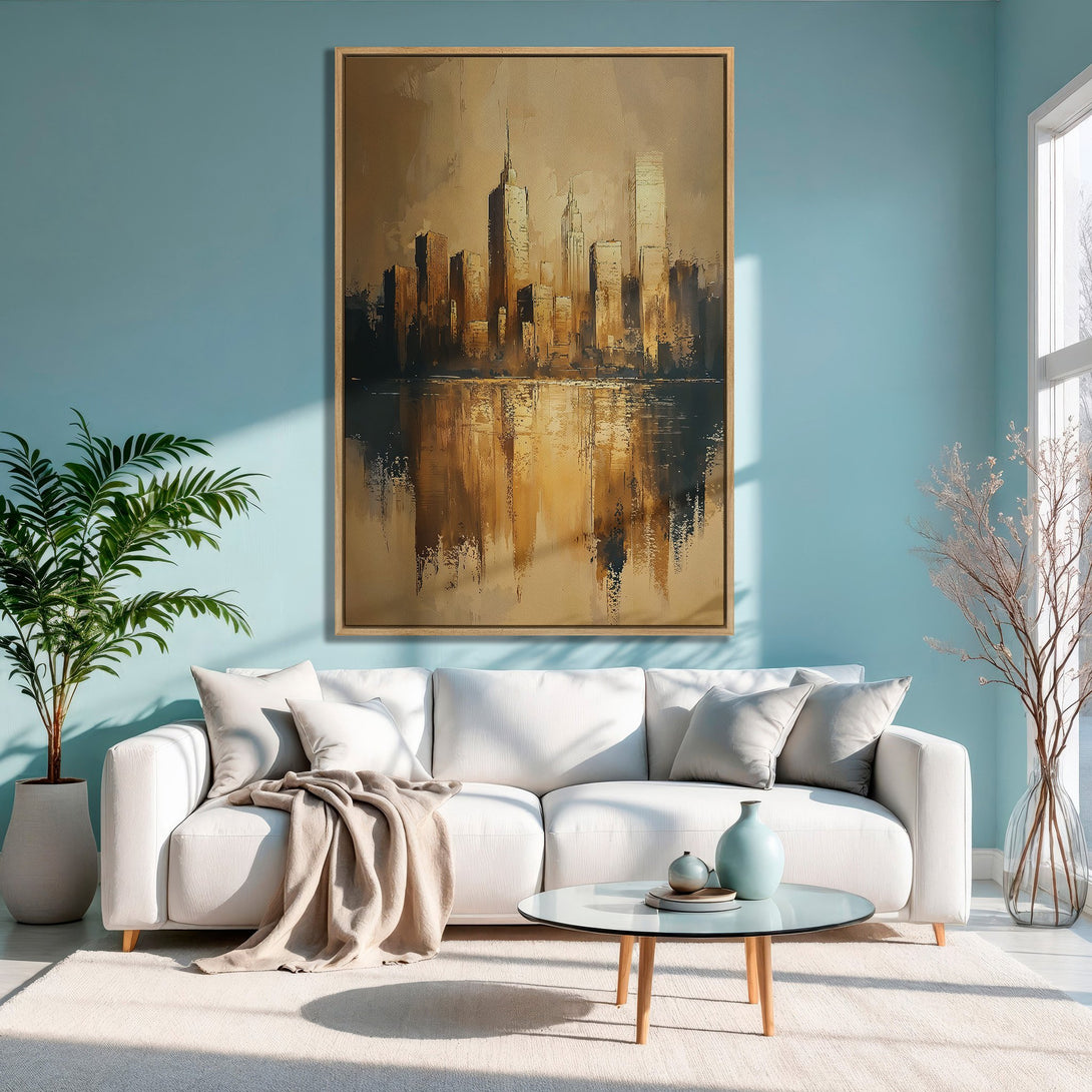 Framed Wall Art: Abstract cityscape Canvas Print in warm gold tones. Modern art for home decor, displayed in a stylish, light-filled living room.