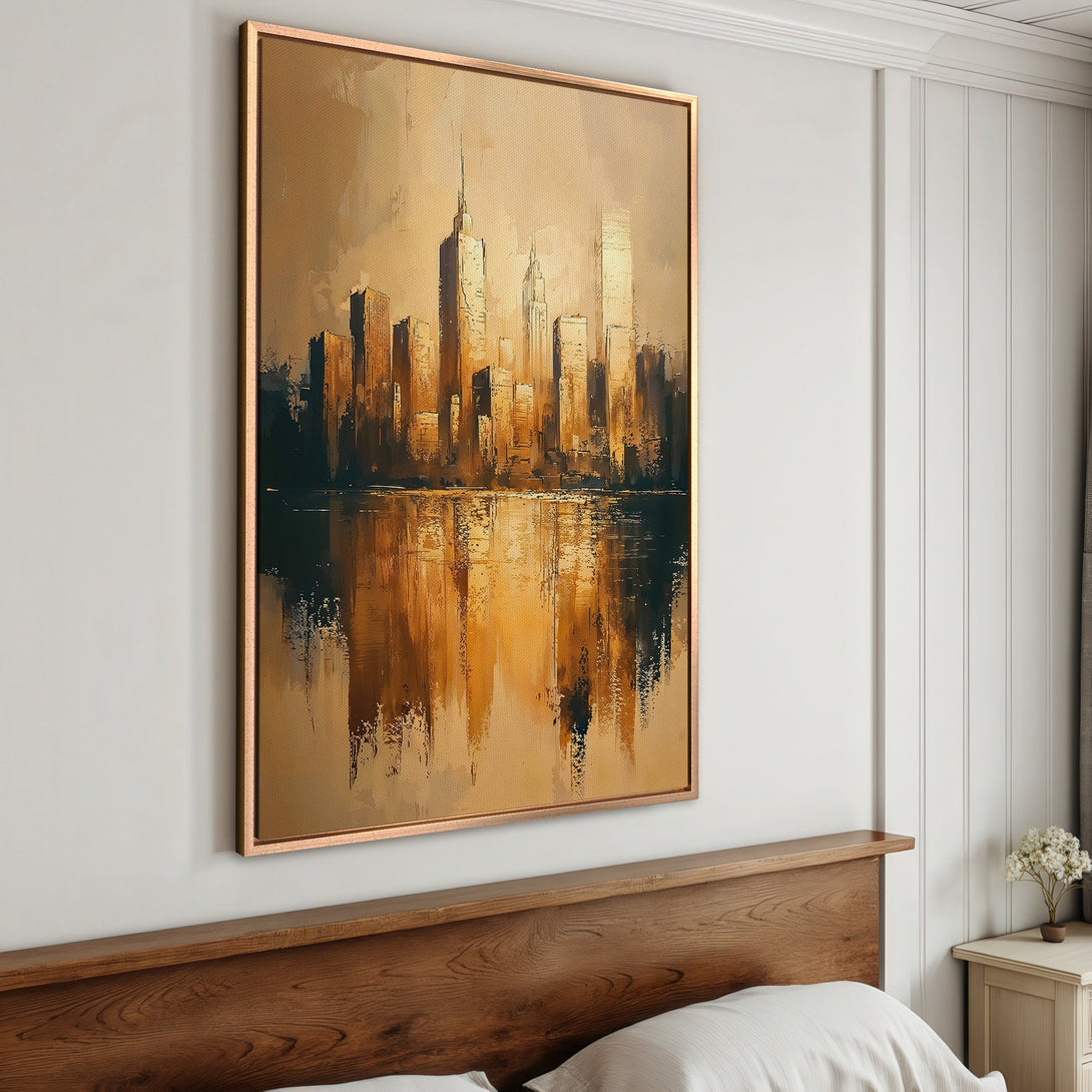 Framed Wall Art: Abstract cityscape painting in warm gold and brown tones. Modern art canvas print adds a touch of elegance to any room.
