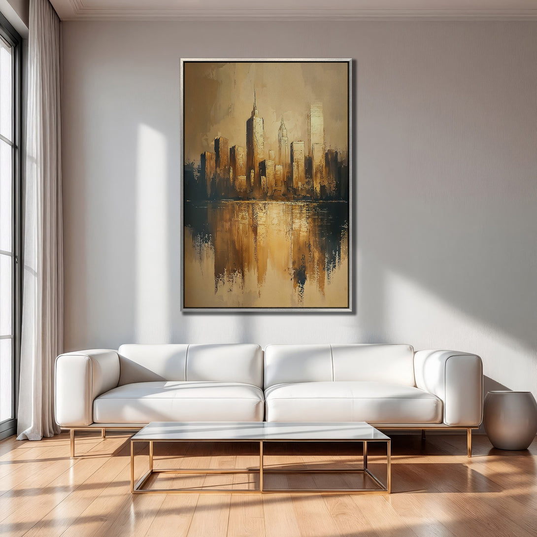 Framed Wall Art: Abstract cityscape Canvas Print in warm gold and brown tones, adding modern art to a living room interior.