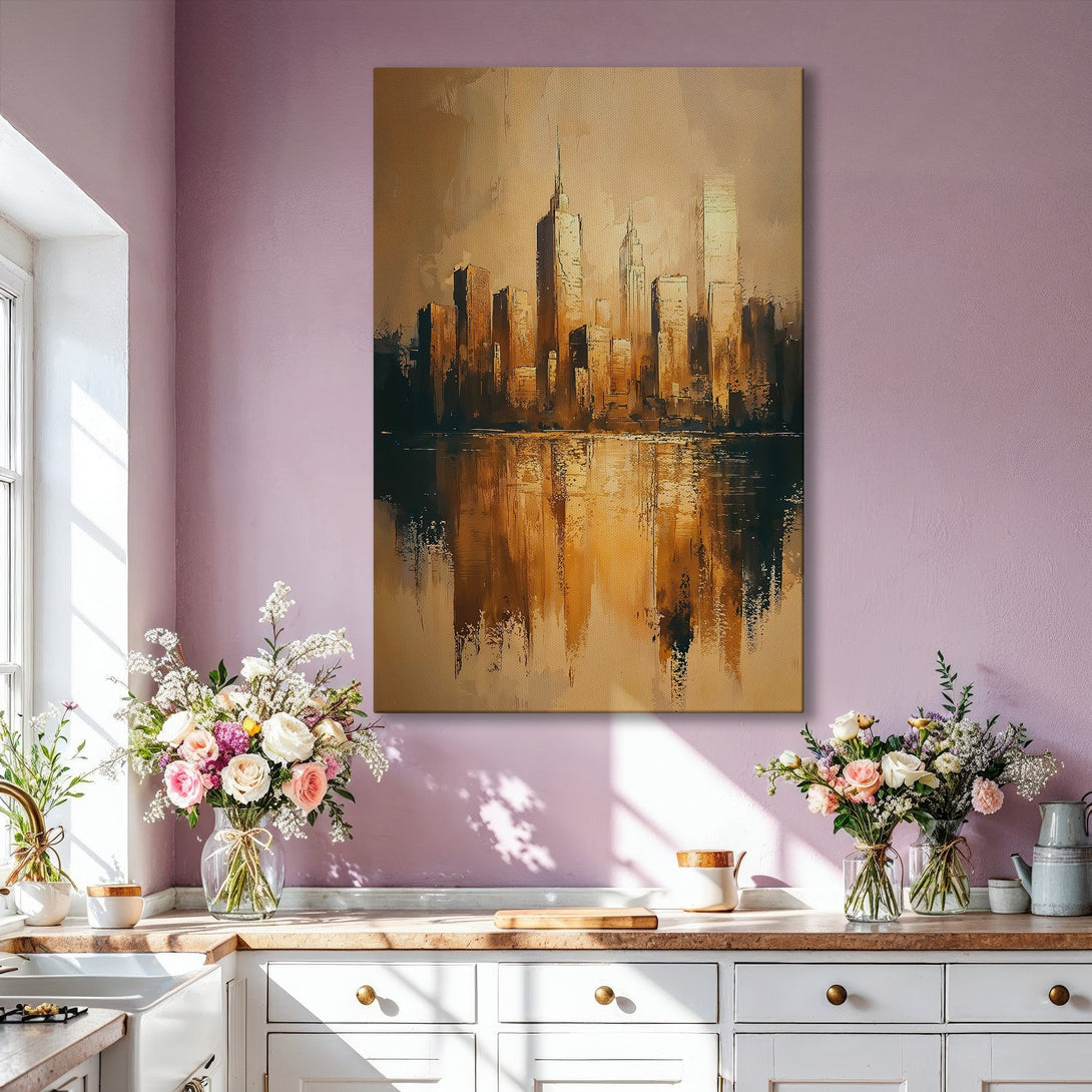 Framed Wall Art: Abstract cityscape Canvas Print in warm gold tones. Modern art for living room decor, featuring a stylish interior design.