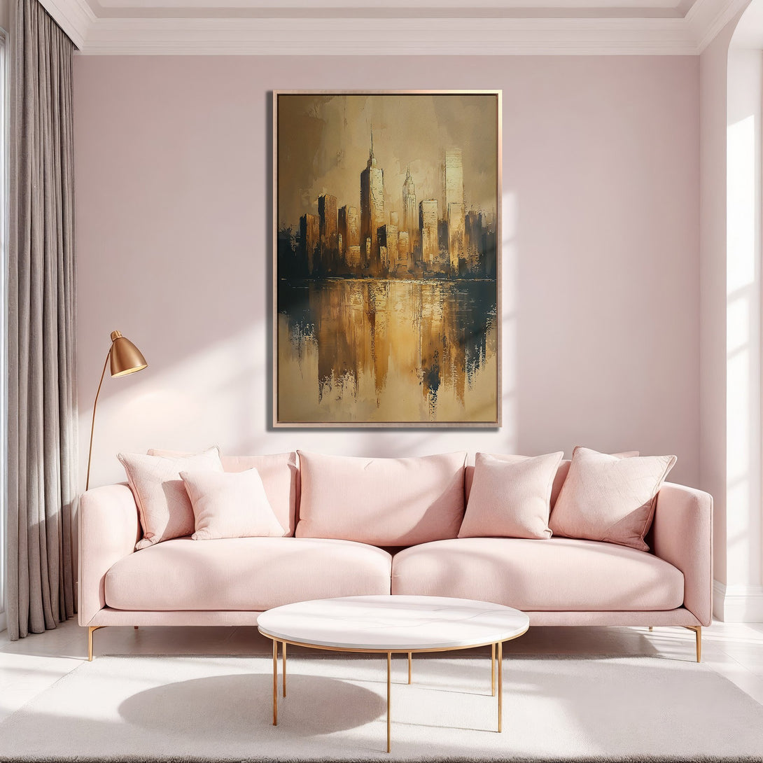 Framed Wall Art: Abstract cityscape canvas print in warm gold and brown tones. Modern art for living room decor, complementing a pink interior.