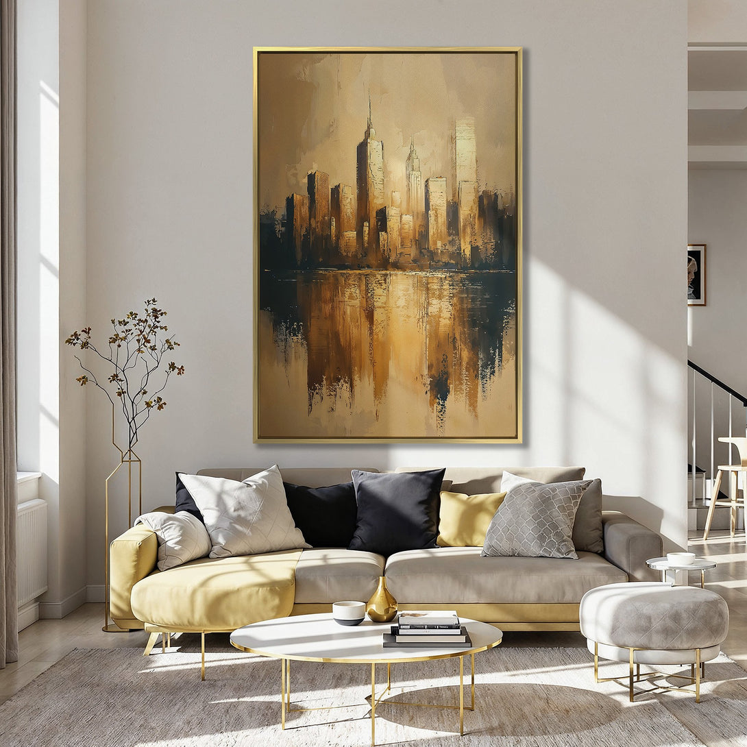 Canvas Print of a cityscape in a warm, neutral palette. Abstract art style with gold and brown tones, perfect for adding a touch of elegance.