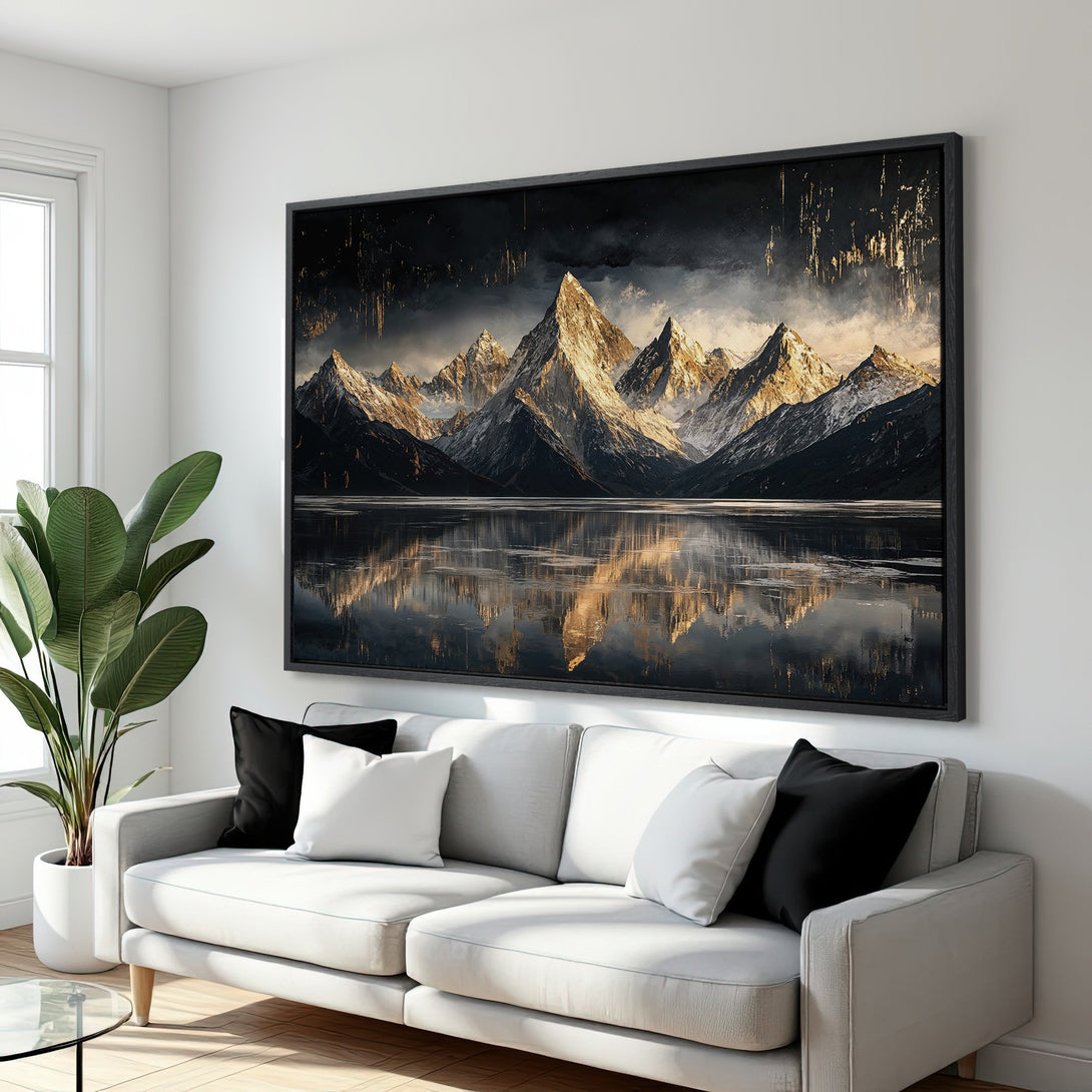 Framed Wall Art: Majestic mountain landscape Canvas Print in a modern interior. Featuring a dark, moody palette with gold accents. Elevate your space with art!