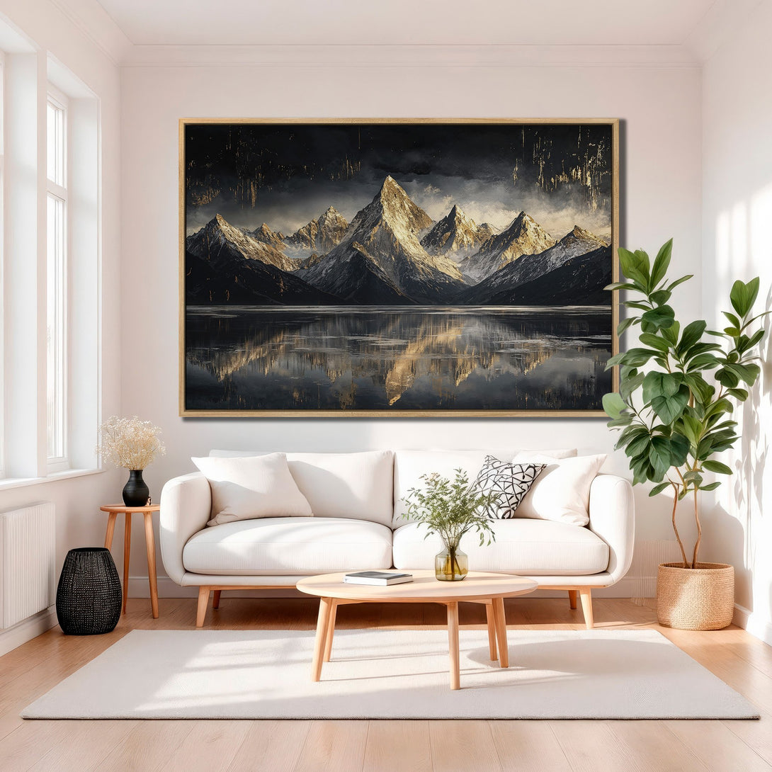 Framed Wall Art: Majestic mountain landscape Canvas Print in a modern living room. Dramatic, moody art with a dark, neutral color palette. Elevate your space!
