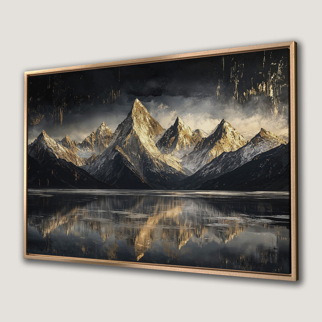 Framed Wall Art: Majestic mountain landscape Canvas Print in moody, gold and gray tones. Elevate your space with this stunning artwork.