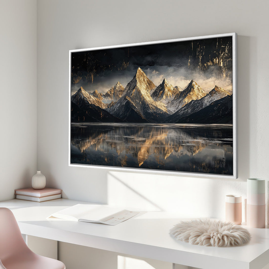 Framed Wall Art: Majestic mountain landscape Canvas Print in moody, dramatic style with a dark, gold, and gray color palette. Perfect for any space.