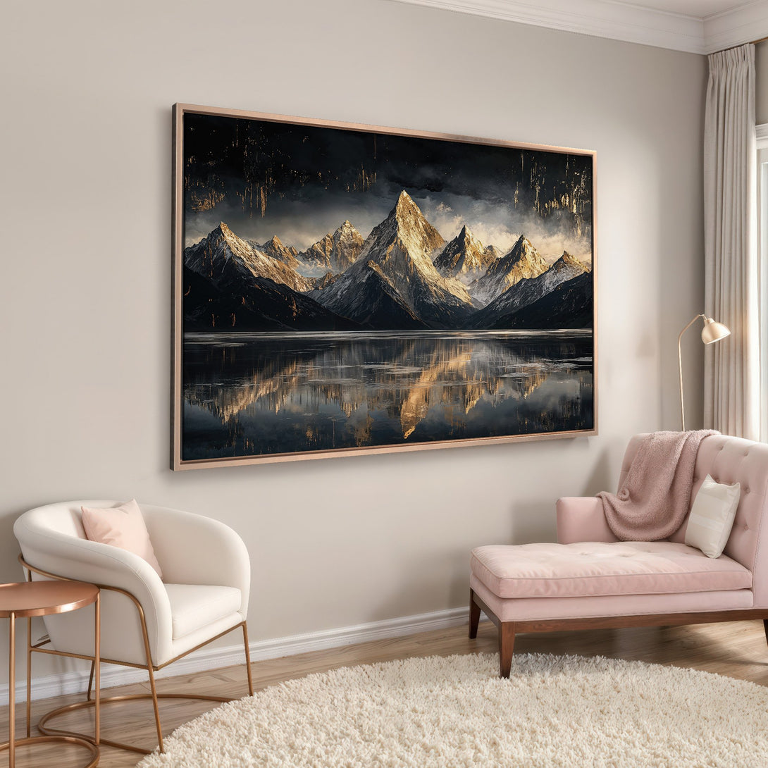 Framed Wall Art: Majestic mountain landscape Canvas Print in moody, dark color palette. Perfect for adding a touch of nature and elegance to your space.