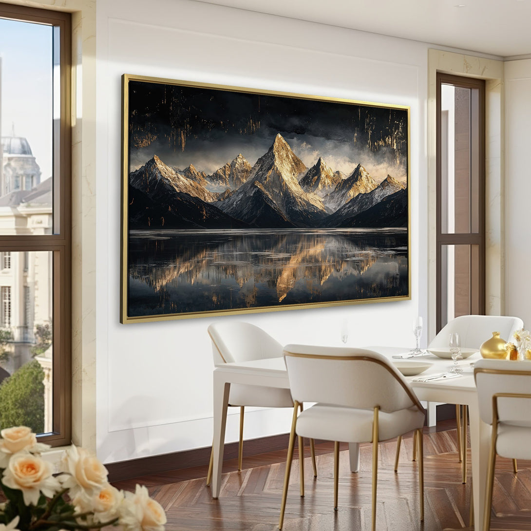 Canvas Print of majestic mountain landscape in a dark, moody color palette, perfect for adding a touch of elegance to any interior.