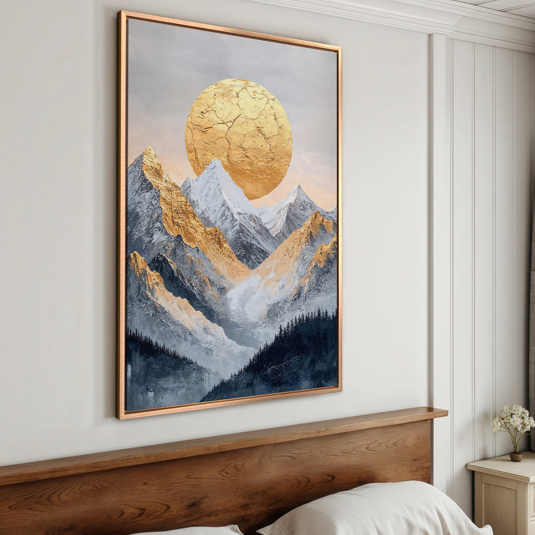 Framed Wall Art: Abstract mountain landscape in gold and blue tones. Modern canvas print adds a touch of elegance to any bedroom.