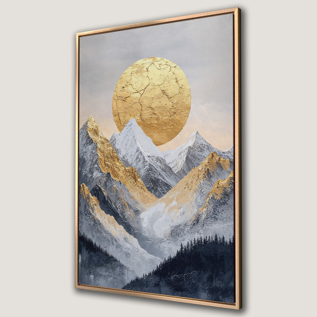 Framed Wall Art: Abstract mountain landscape canvas print with gold and gray color palette. Modern art for home decor.