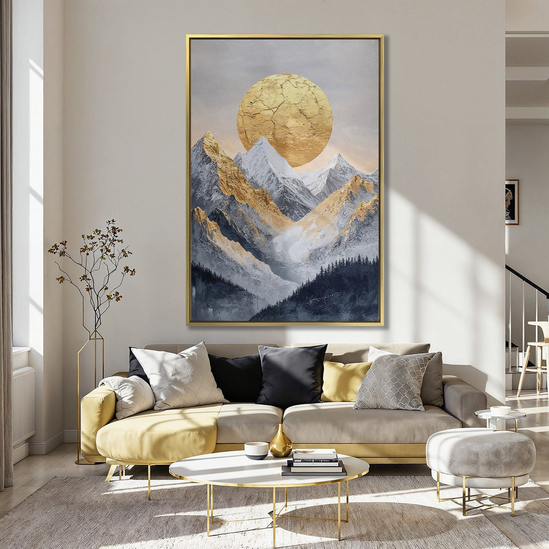 Canvas Print of a golden mountain landscape in a modern style, featuring a gray, gold, and blue color palette. Perfect wall art!
