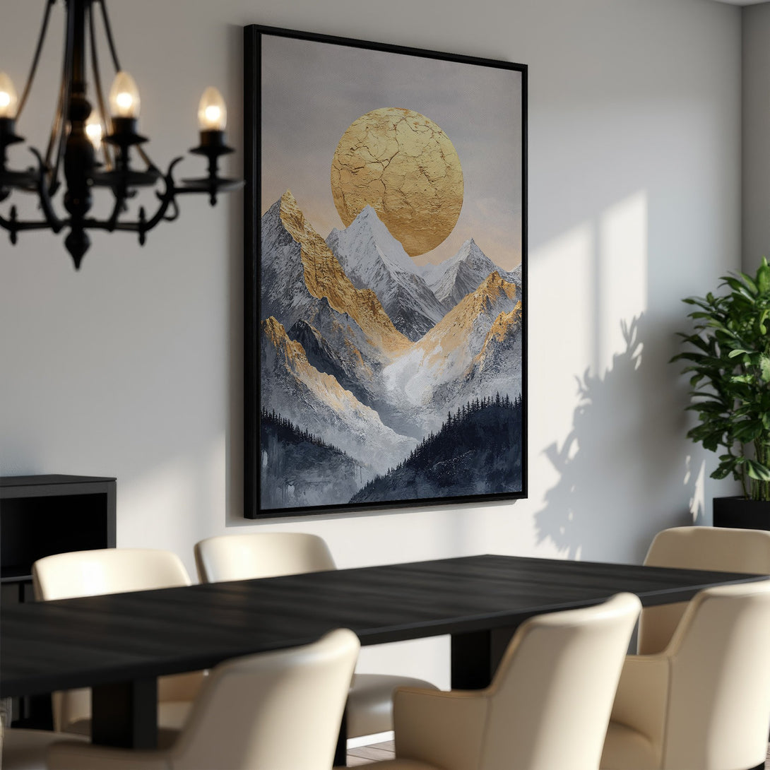 Framed Wall Art: Abstract mountain landscape with gold and gray tones. Modern art for your home. Enhance your dining room decor!