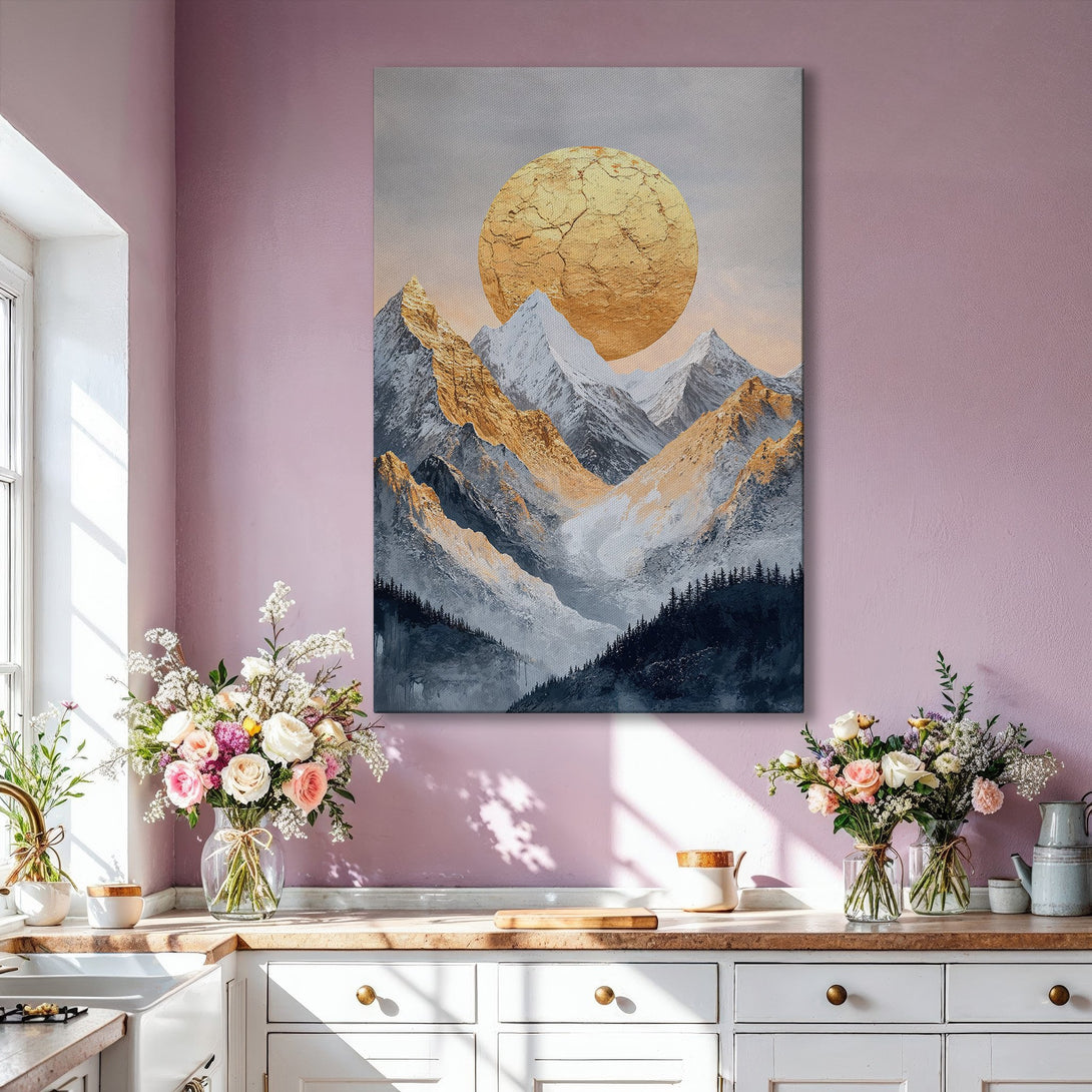 Framed Wall Art: Abstract mountain landscape with gold accents. Modern art print with a neutral, gold, and gray color palette. Perfect for home decor.
