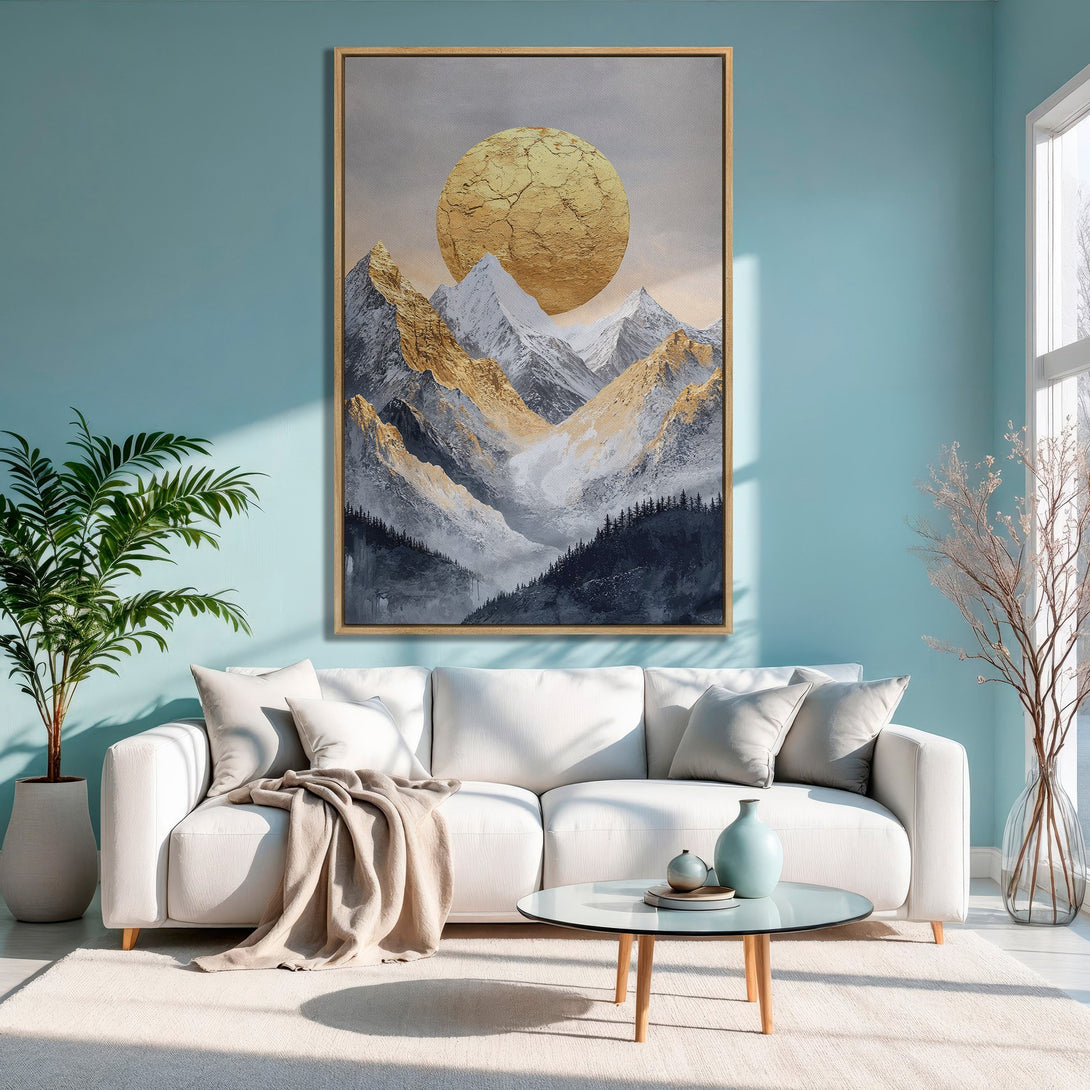 Framed Wall Art of abstract mountains with a gold sun. Modern style, neutral & gold tones. Perfect for living room decor.