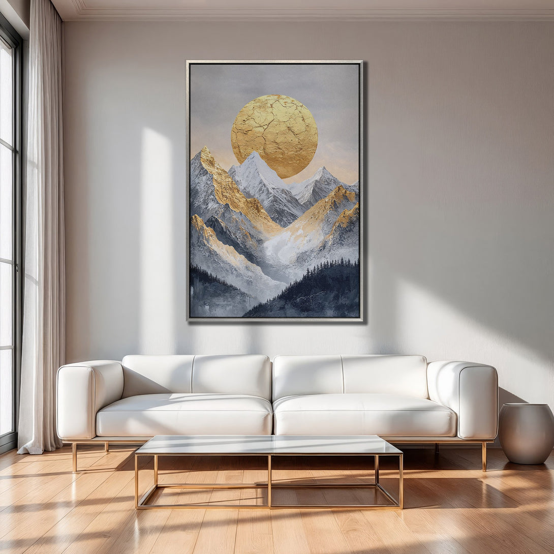 Framed Wall Art: Abstract mountain landscape canvas print with gold accents. Modern art in a neutral gray and gold color palette, perfect for any interior.