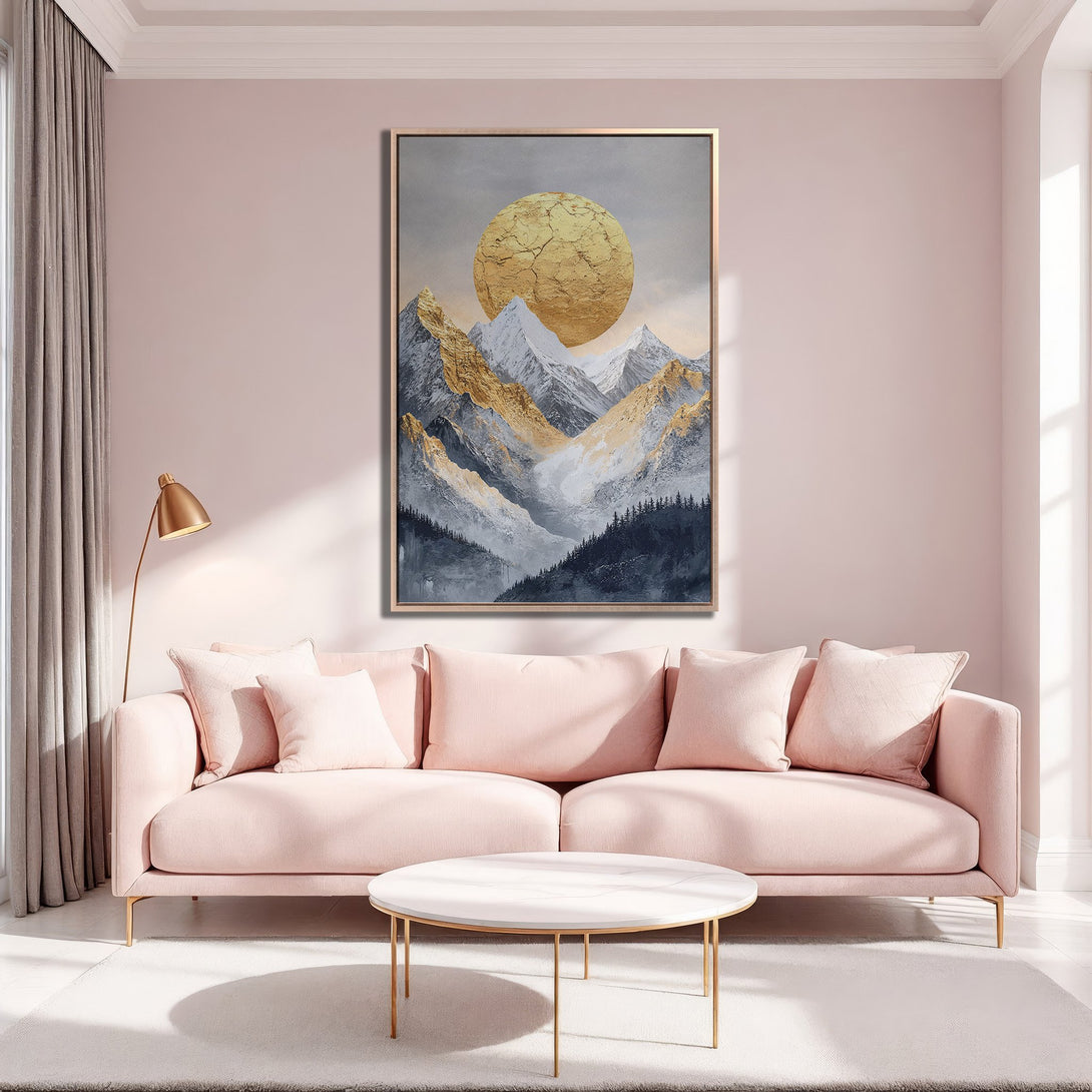 Framed Wall Art: Abstract mountain landscape in gold and gray tones. Modern Canvas Print adds a touch of elegance to any living room, featuring a pink and gold color palette.