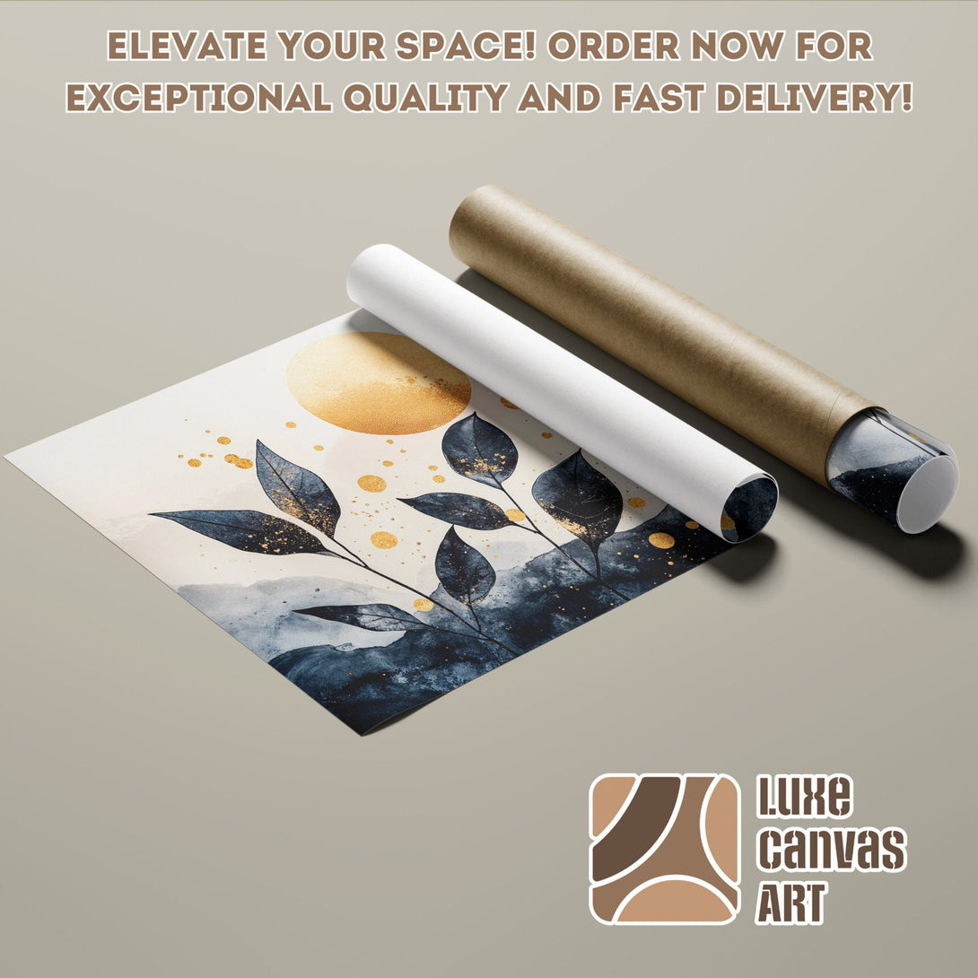 Abstract art poster roll with gold, blue, and neutral tones. Elevate your space with this stunning poster!