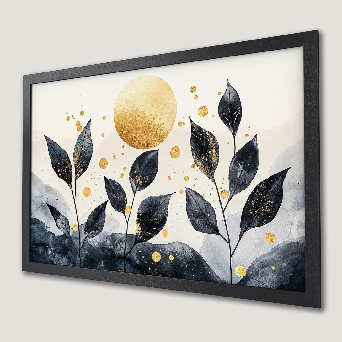 Framed Poster featuring watercolor leaves, gold accents, and a gold sun, in a neutral and navy color palette. Modern art print.