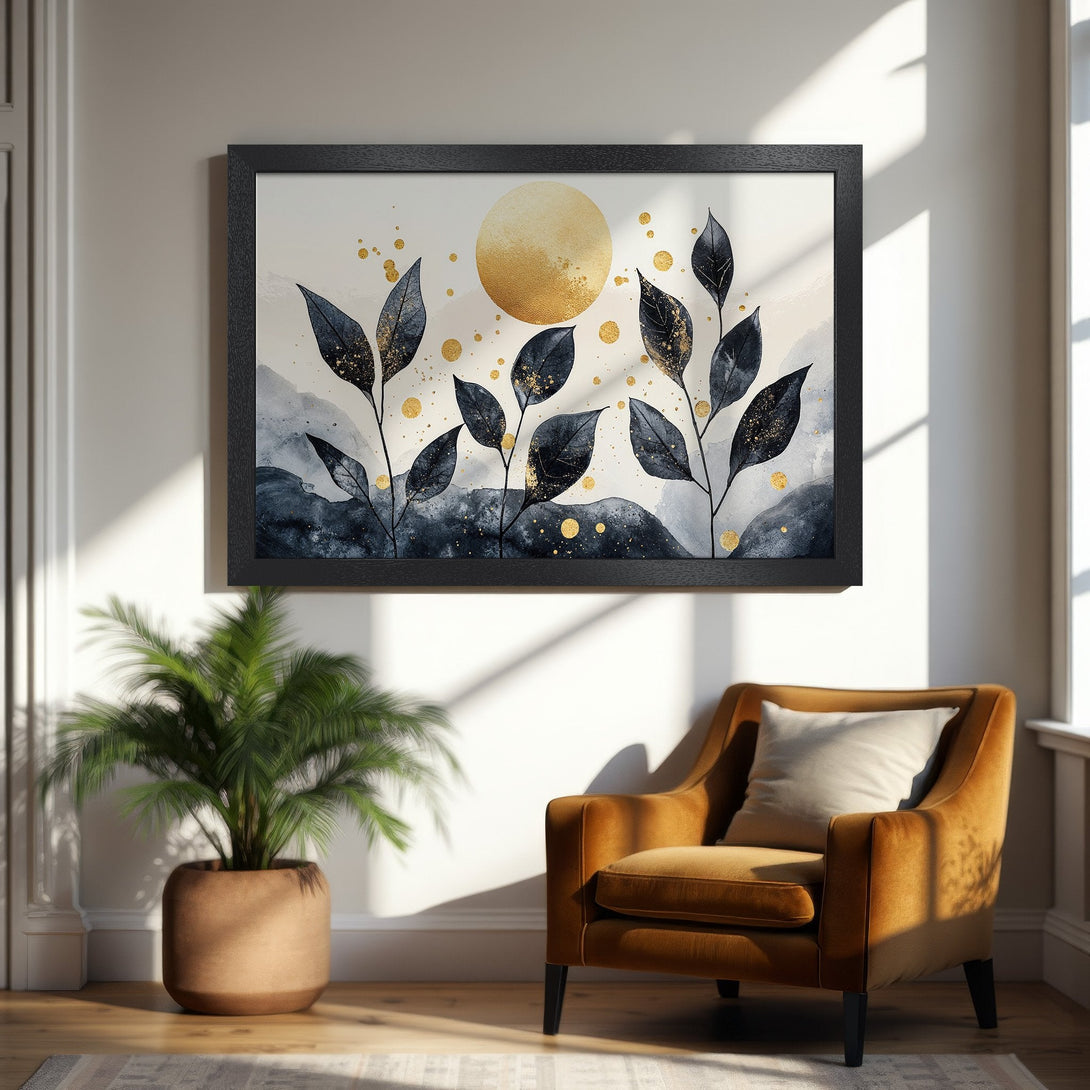 Framed Poster featuring watercolor leaves and a golden sun, in a modern style with a navy and gold color palette.
