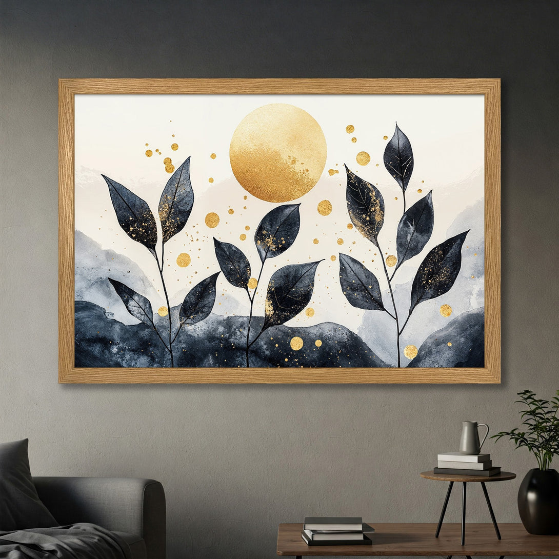 Framed Poster featuring watercolor leaves, gold accents, and a gold sun, in a calming blue and beige palette. Perfect wall art!