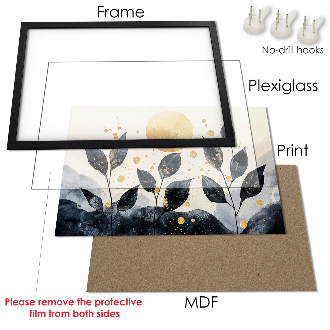 Framed Poster with botanical art in blue, gold, and neutral tones. Modern wall art for your home decor.