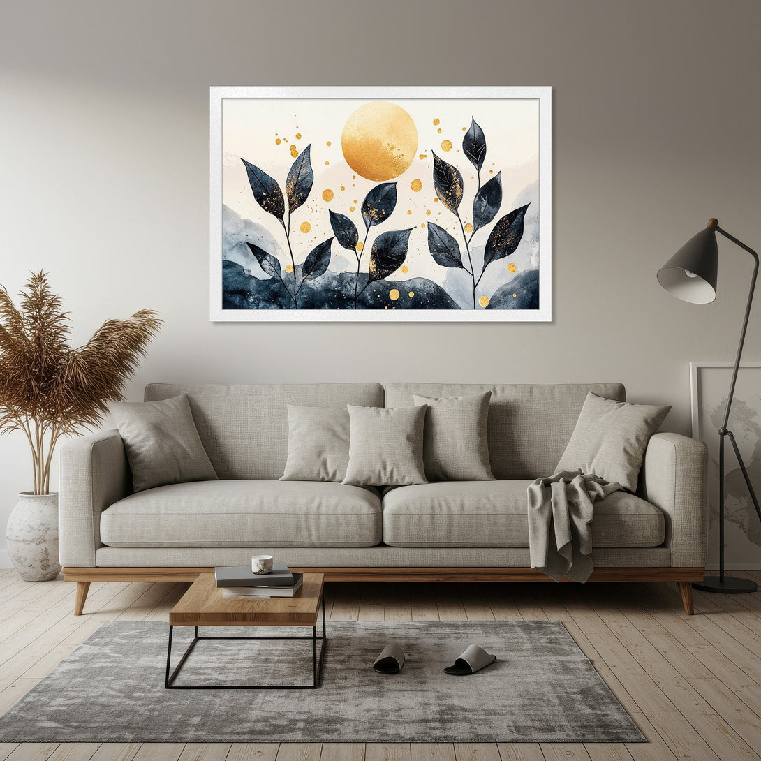 Framed Poster featuring watercolor leaves and a golden sun. Modern art in blue, gold, and neutral tones. Perfect home decor.