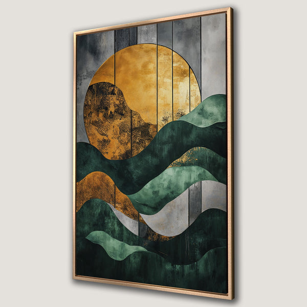 Framed Wall Art: Abstract landscape Canvas Print with gold, green, and gray tones. Modern art for your home decor.