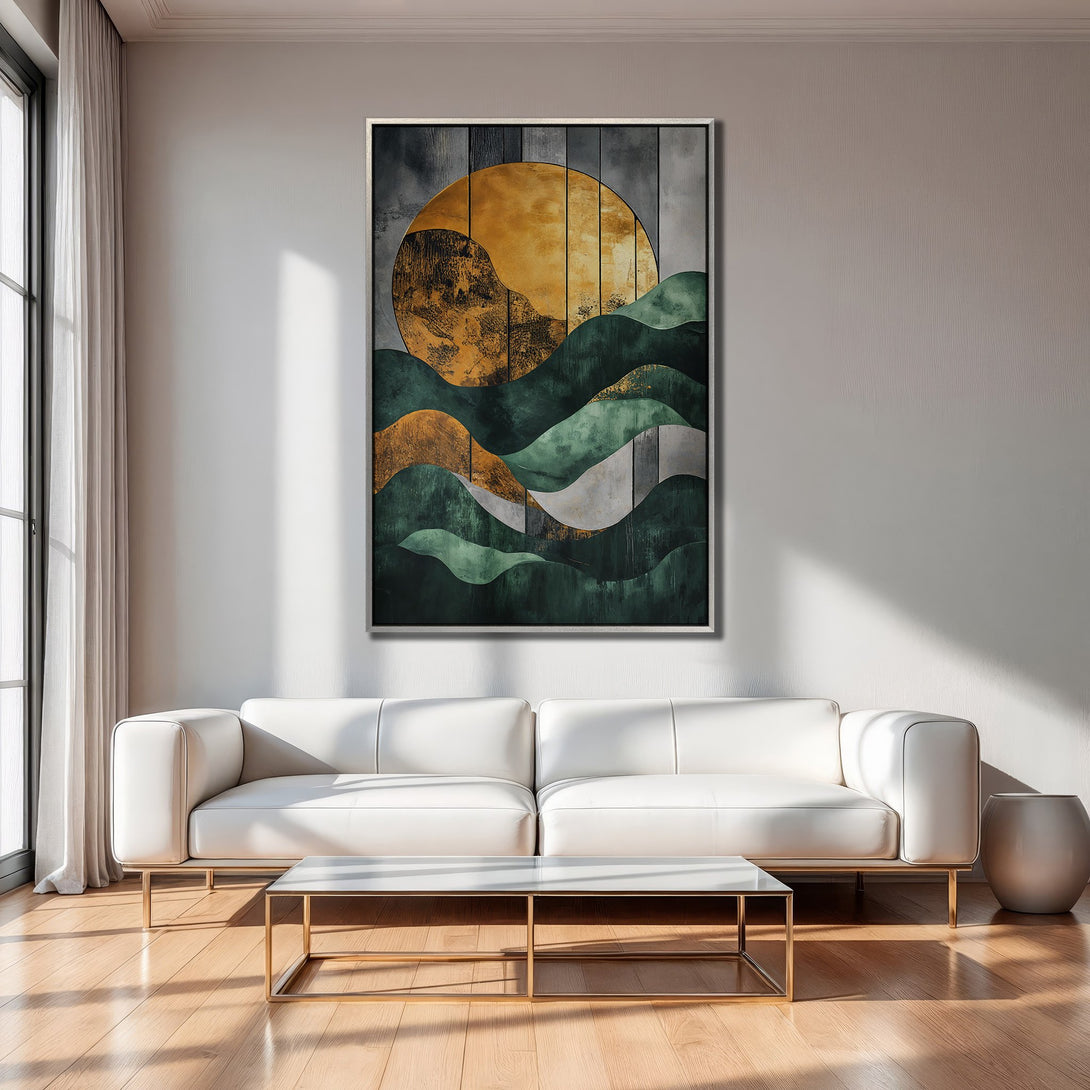 Framed Wall Art featuring abstract landscape in green and gold hues. Modern decor for living room. Enhance your space!
