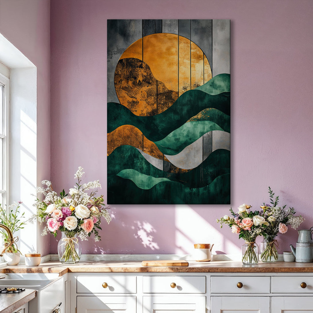 Framed Wall Art: Abstract landscape Canvas Print in green, gold, and gray. Modern art for living room decor. Enhance your space with this stunning piece!