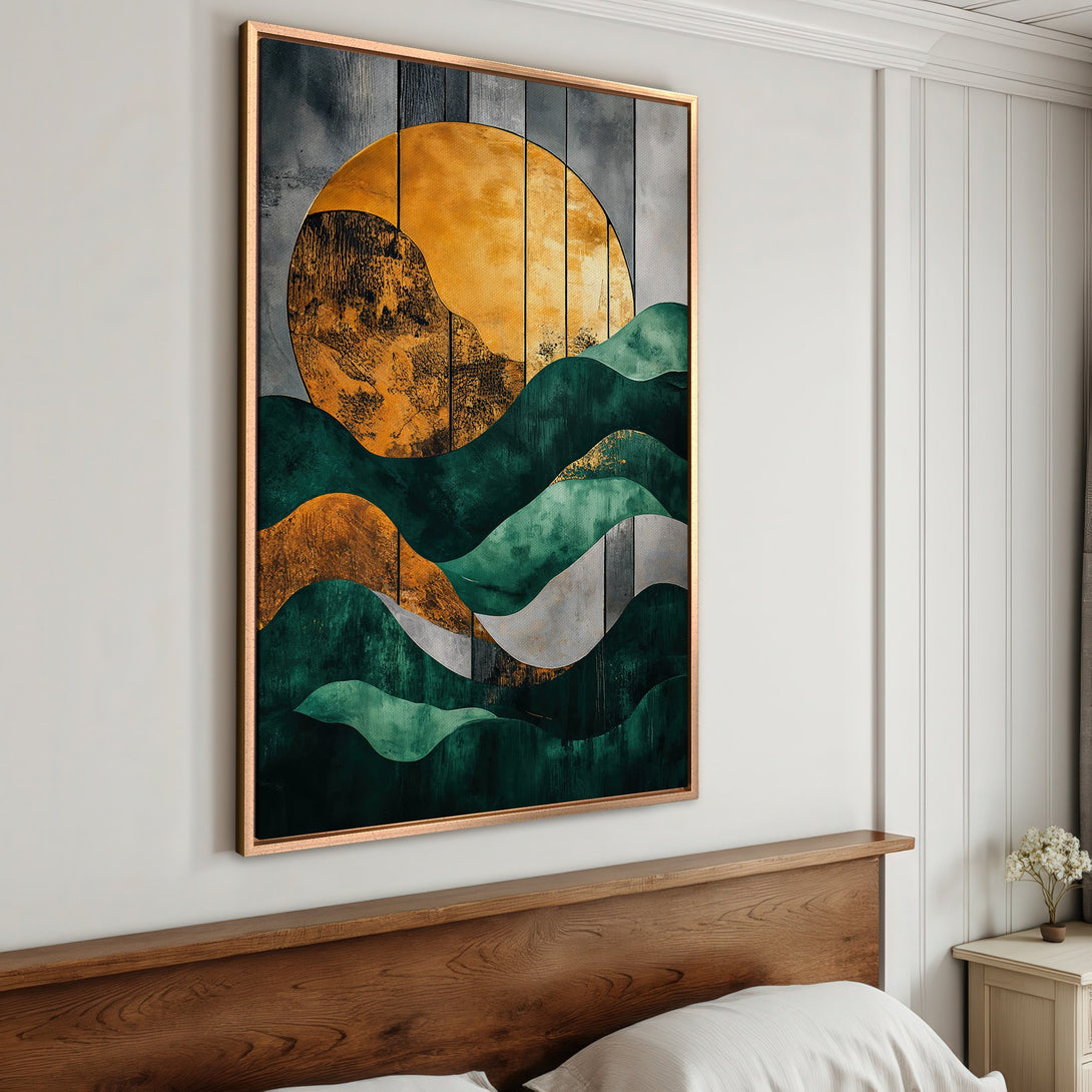 Framed Wall Art featuring abstract landscape art in green and gold. Modern art for a stylish interior. Elevate your space with this stunning canvas print.