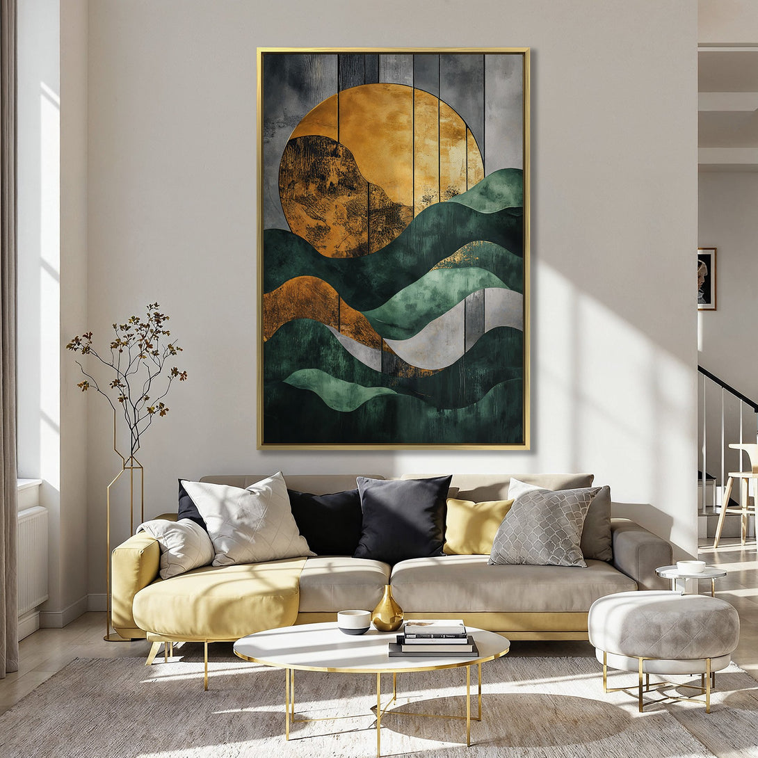 Abstract Canvas Print featuring a golden sun and green mountains, perfect for adding a touch of modern art to your home decor.