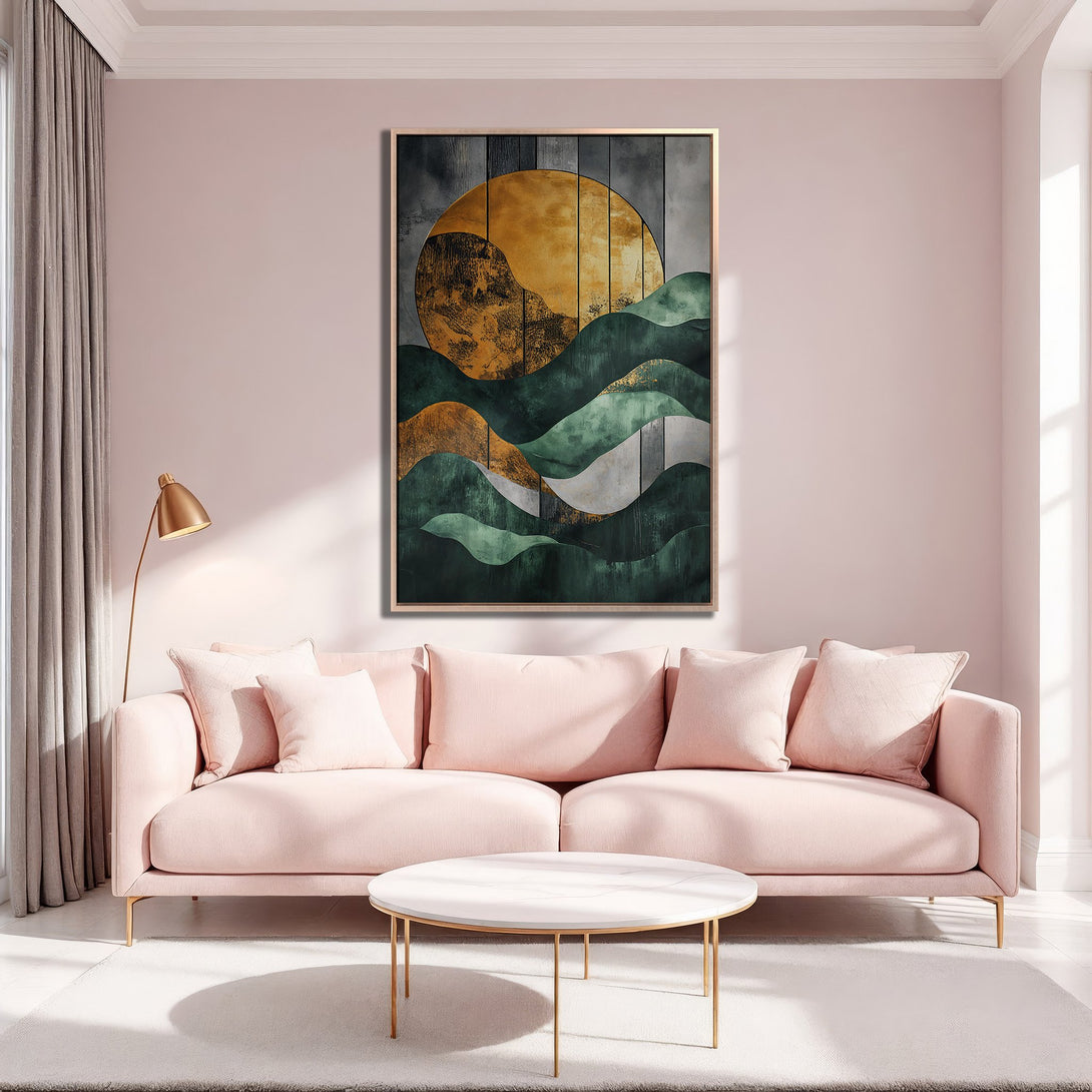 Framed Wall Art: Abstract landscape in green, gold, and gray hues. Modern art canvas print adds a touch of elegance to any interior space.
