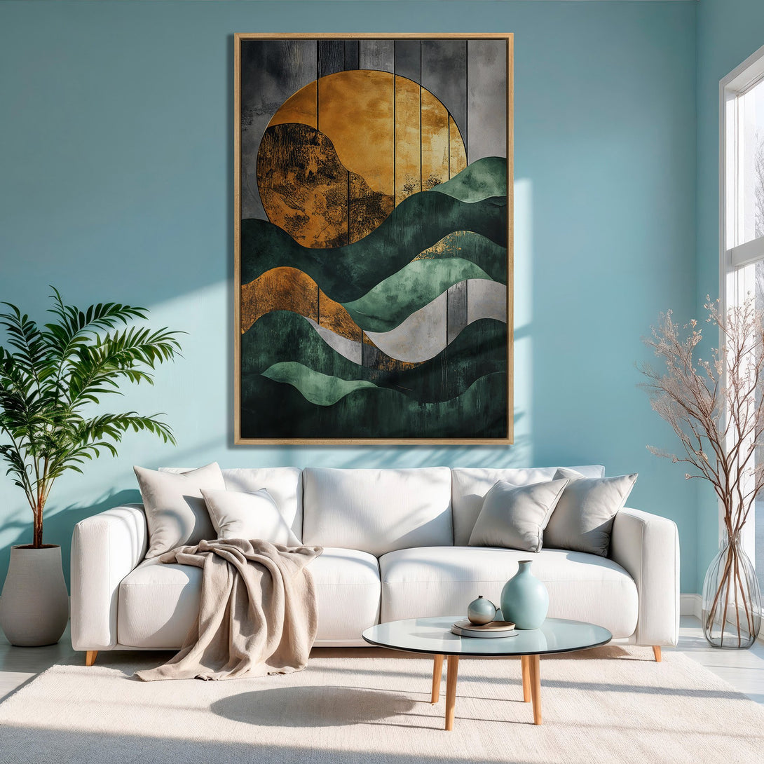Framed Wall Art: Abstract landscape in gold, green, and gray tones. Modern art canvas print adds a touch of elegance to any living room.