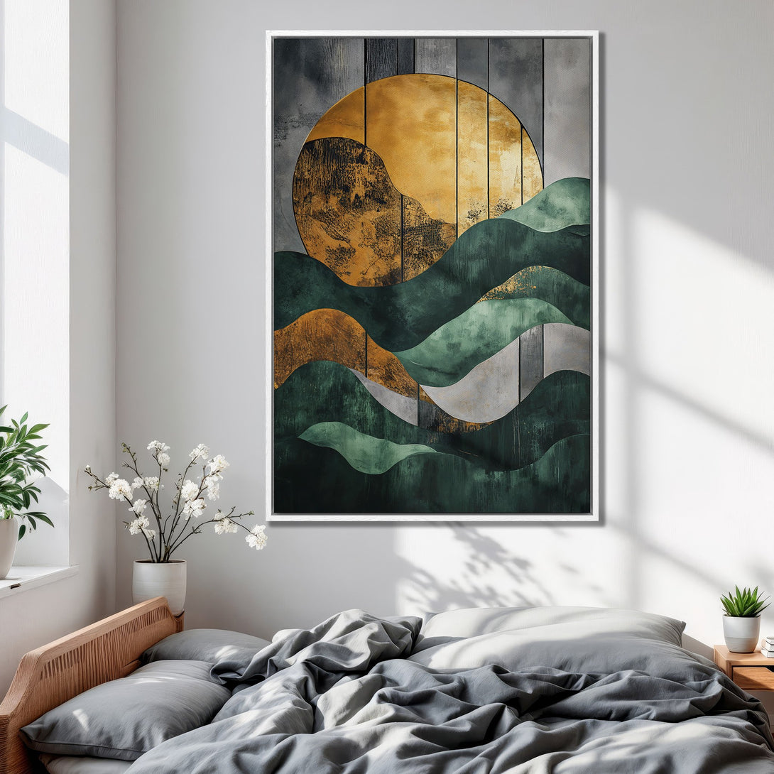 Framed Wall Art: Abstract landscape in green, gold, and gray tones. Modern art piece perfect for bedroom decor, adding a touch of nature-inspired elegance.