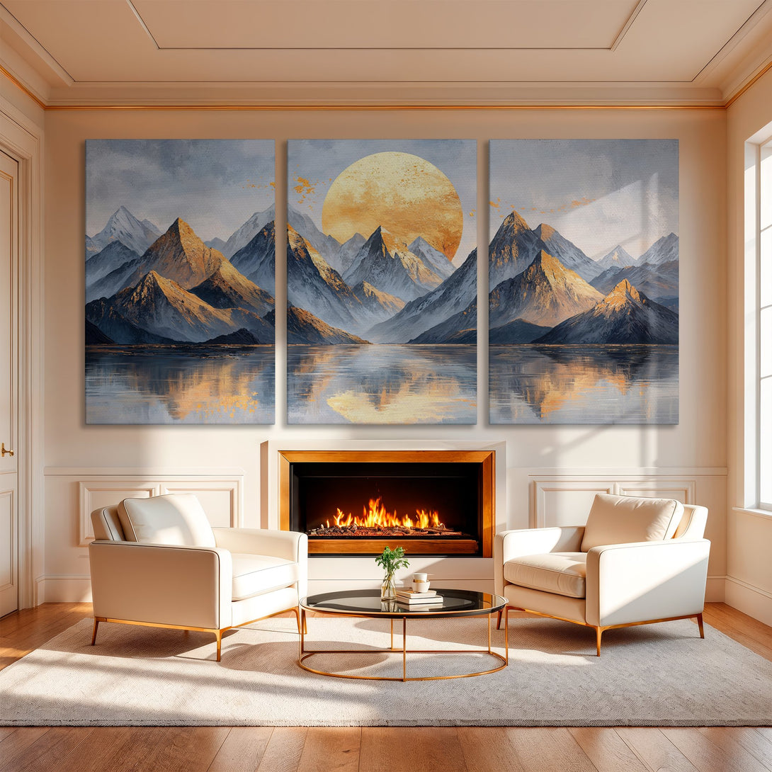Canvas Print of mountain landscape art in a modern interior. Featuring a blue, gold, and gray color palette. Elevate your space with this stunning wall art.