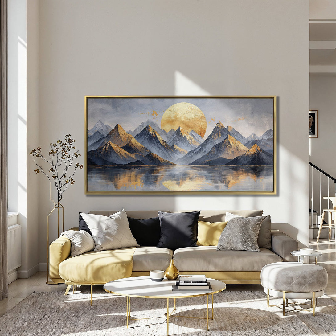 Canvas Print of a mountain landscape with a golden sun, in a modern style, featuring a blue, gold, and gray color palette.