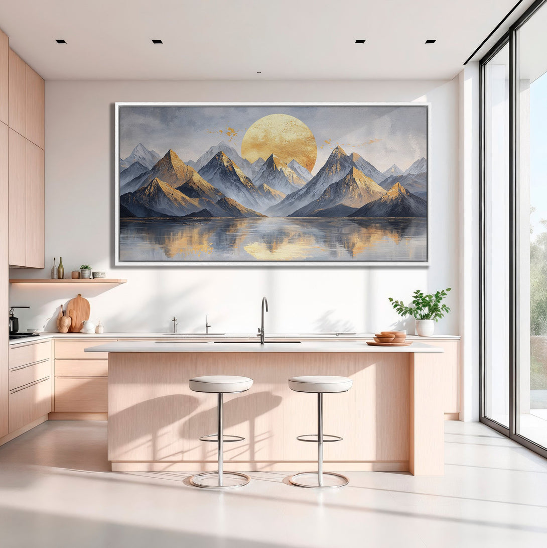 Framed Wall Art: Mountain landscape canvas print in a modern kitchen. Features a warm, neutral color palette with gold and blue tones.