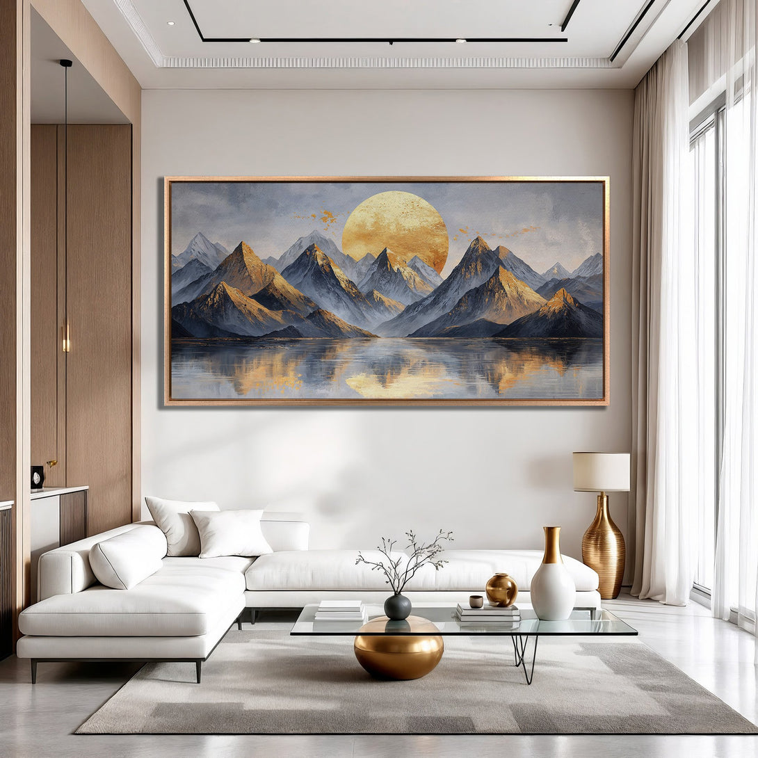 Framed Wall Art: Mountain landscape in gold, blue, and gray tones. Modern canvas print adds serene beauty to any interior.
