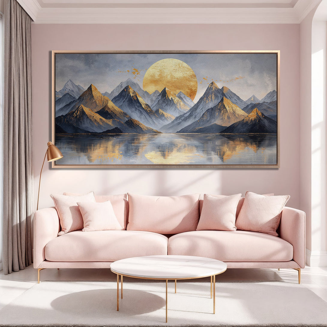 Framed Wall Art: Mountain landscape Canvas Print in gold, blue, and pink tones. Perfect for adding a touch of elegance to your living room.