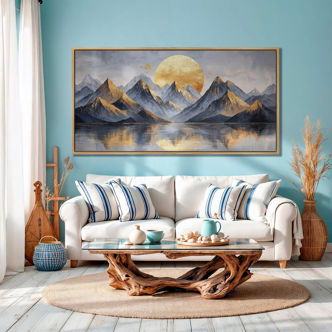 Framed Wall Art: Mountain landscape Canvas Print with gold and gray tones. Modern art for living room decor. Coastal style, serene and inviting.