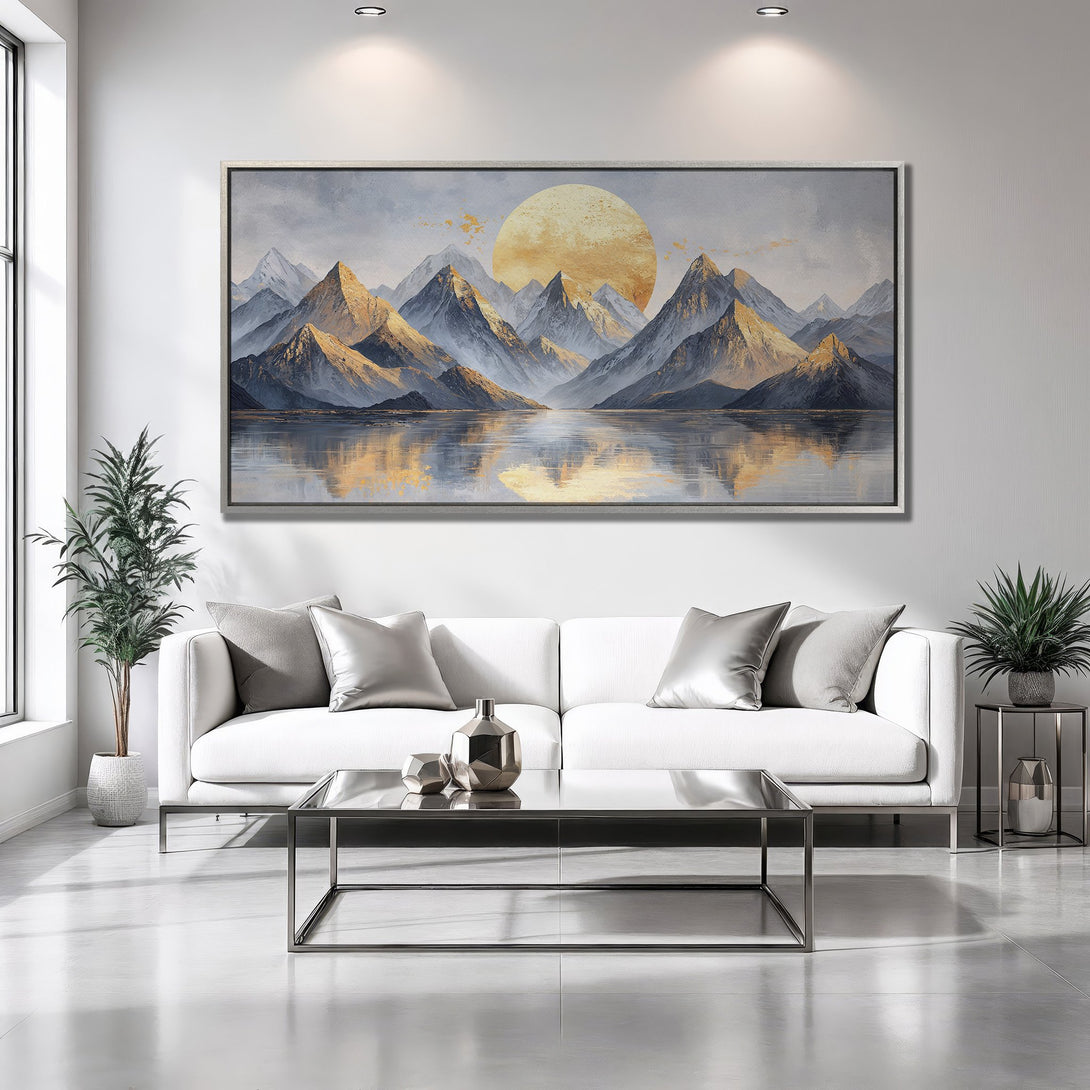 Framed Wall Art: Mountain landscape Canvas Print with sunset, modern style, and a calming blue, gold, and gray color palette. Perfect for any room!