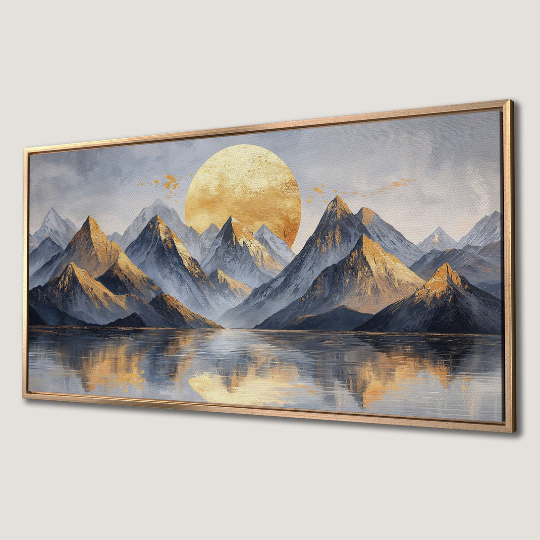 Framed Wall Art: Majestic mountain landscape Canvas Print with a warm, golden sun. Features a cool blue and gold color palette for a serene aesthetic.