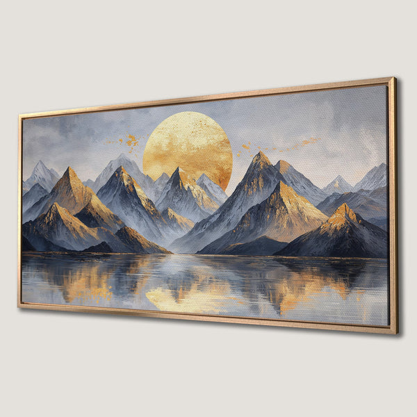 Framed Wall Art: Majestic mountain landscape Canvas Print with a warm, golden sun. Features a cool blue and gold color palette for a serene aesthetic.