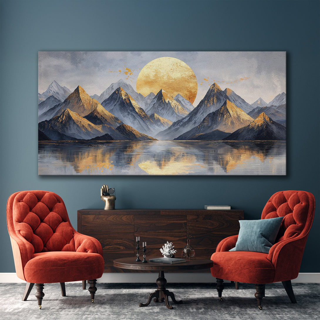Framed Wall Art: Abstract mountain landscape canvas print with gold and blue hues, perfect for modern home decor.