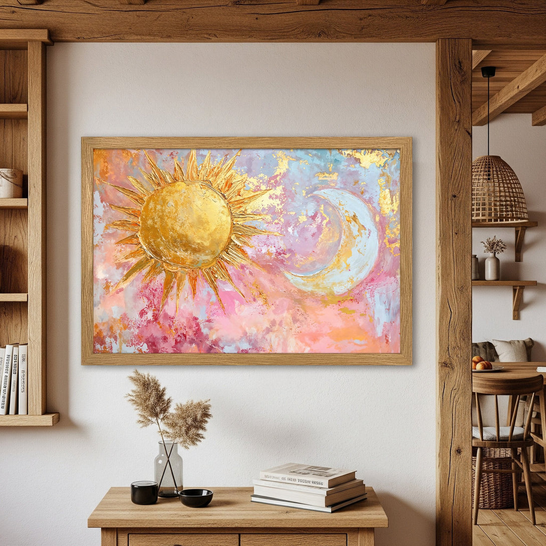 Framed Poster featuring a sun and moon abstract painting. Modern art style with a warm pink, gold, and blue color palette.